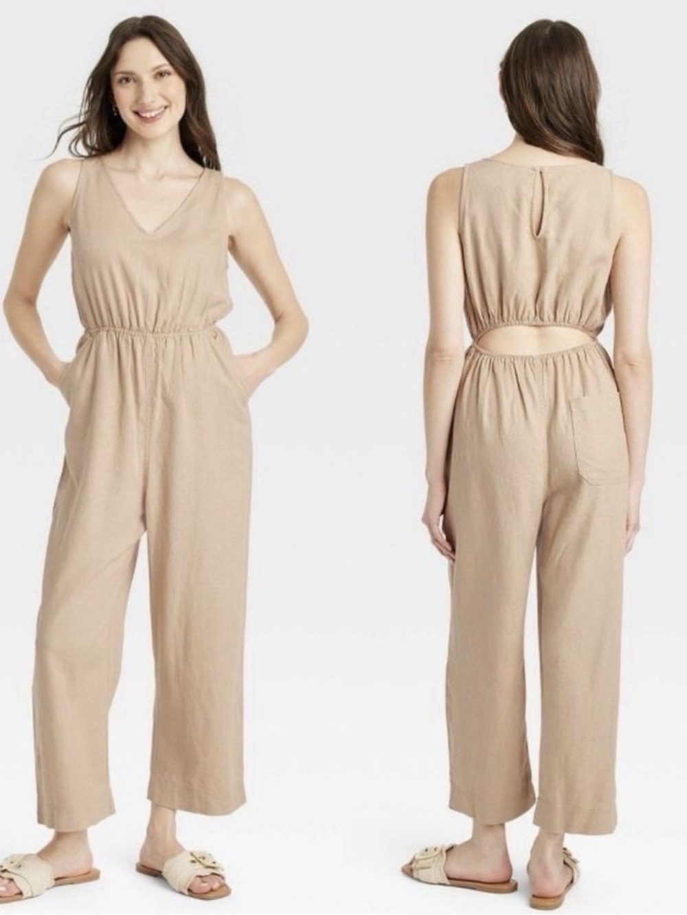 Universal Thread Light Tan Sleeveless Linen-Blend Cutout Waist Jumpsuit EUC